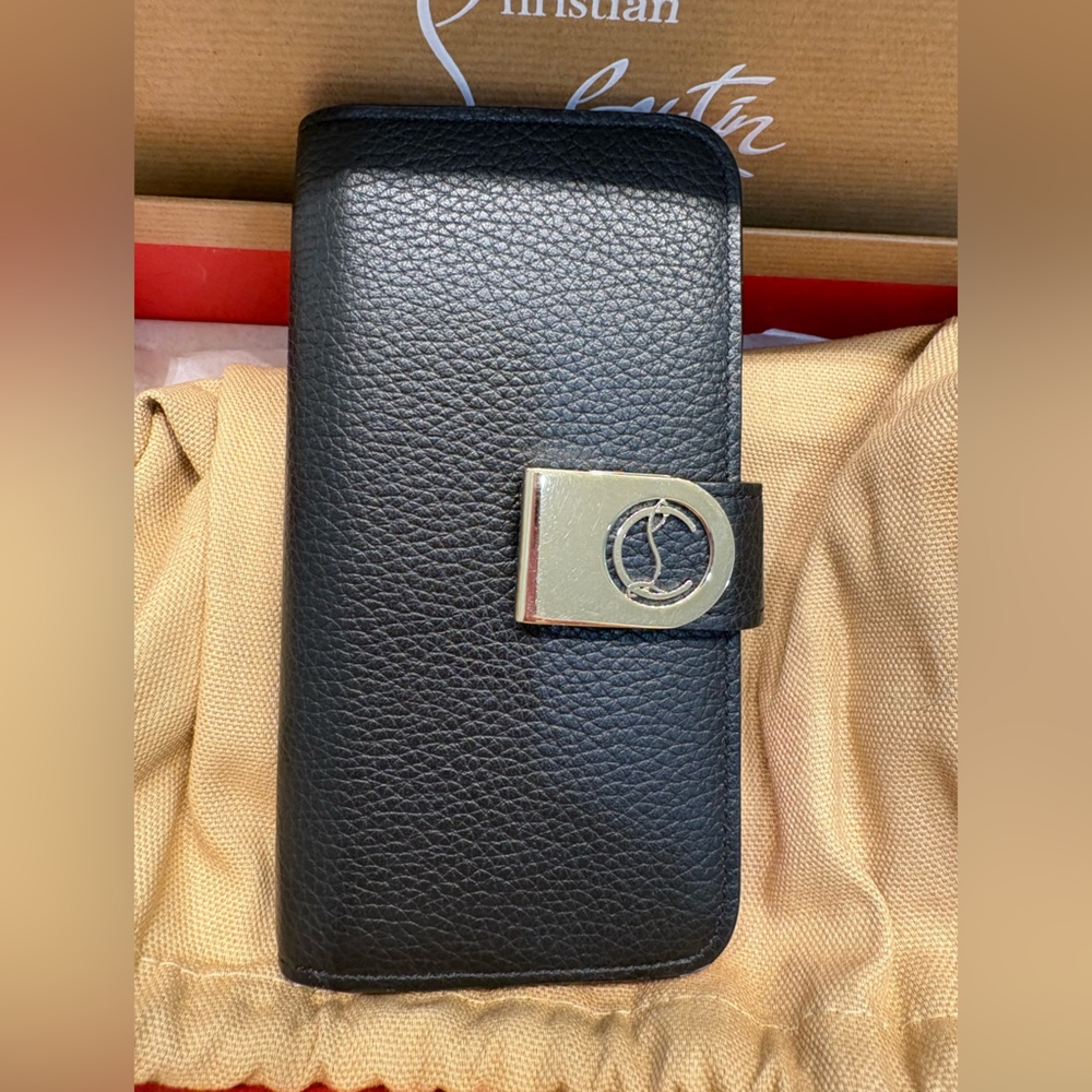 Christian Louboutin Black Textured Leather Phone Wallet with Gold Logo Clasp
